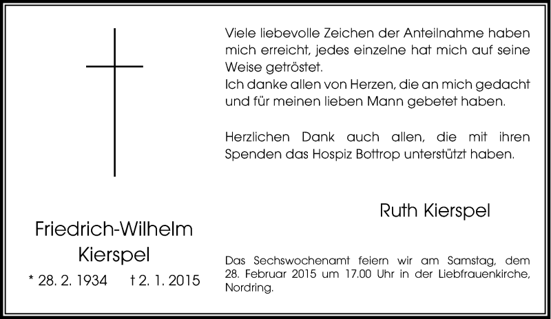  Traueranzeige für Friedrich Wilhelm Kierspel vom 06.01.2015 aus Tageszeitung