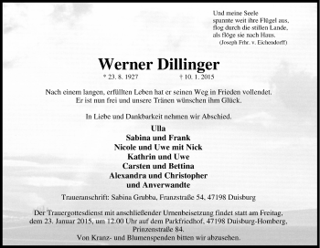 Traueranzeige von Werner Dillinger von Tageszeitung