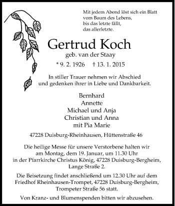 Traueranzeige von Gertrud Koch von Tageszeitung