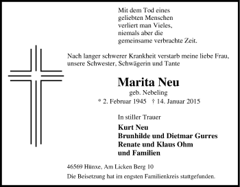 Traueranzeige von Marita Neu von Tageszeitung