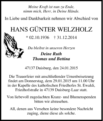 Traueranzeige von Hans Günther Welzholz von Tageszeitung