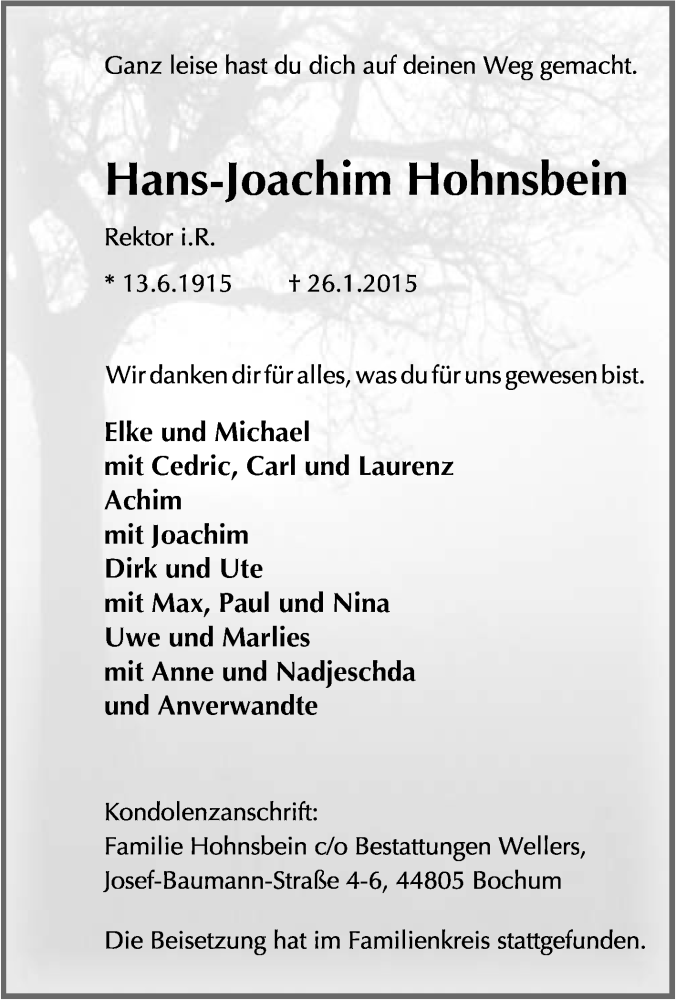  Traueranzeige für Hans-Joachim Hohnsbein vom 31.01.2015 aus Tageszeitung