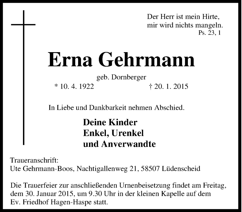  Traueranzeige für Erna Gehrmann vom 28.01.2015 aus Tageszeitung