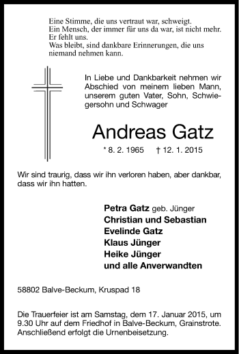 Traueranzeige von Andreas Gatz von Tageszeitung