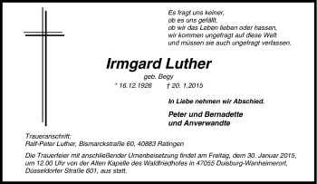 Traueranzeige von Irmgard Luther von Tageszeitung