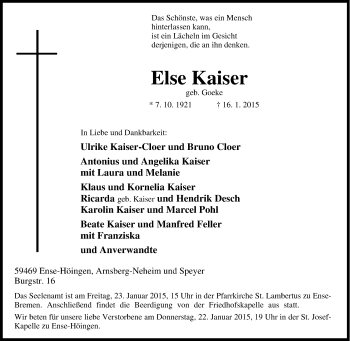 Traueranzeige von Else Kaiser von Tageszeitung