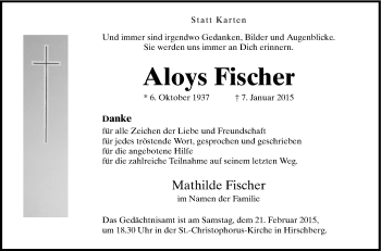 Traueranzeige von Aloys Fischer von Tageszeitung