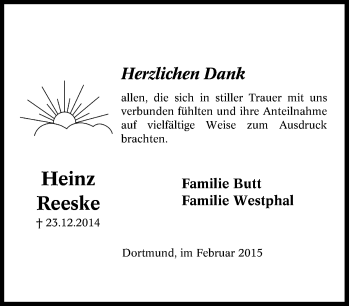 Traueranzeige von Heinz Reeske von Tageszeitung