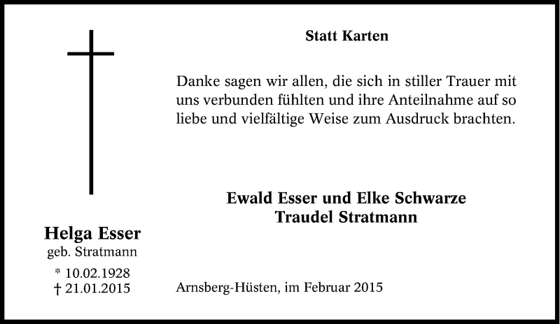  Traueranzeige für Helga Esser vom 31.01.2015 aus Tageszeitung