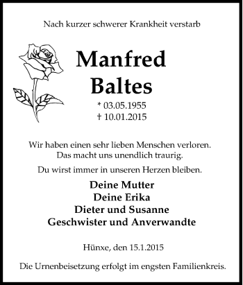 Traueranzeige von Manfred Baltes von Tageszeitung