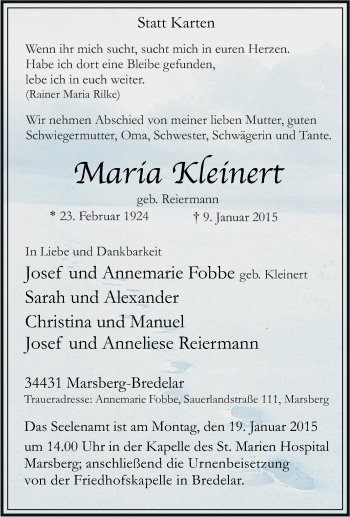 Traueranzeige von Maria Kleinert von Tageszeitung