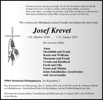 Traueranzeige von Josef Krevet von Tageszeitung
