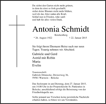 Traueranzeige von Antonia Schmidt von Tageszeitung