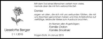 Traueranzeige von Lieselotte  Berger  von Tageszeitung