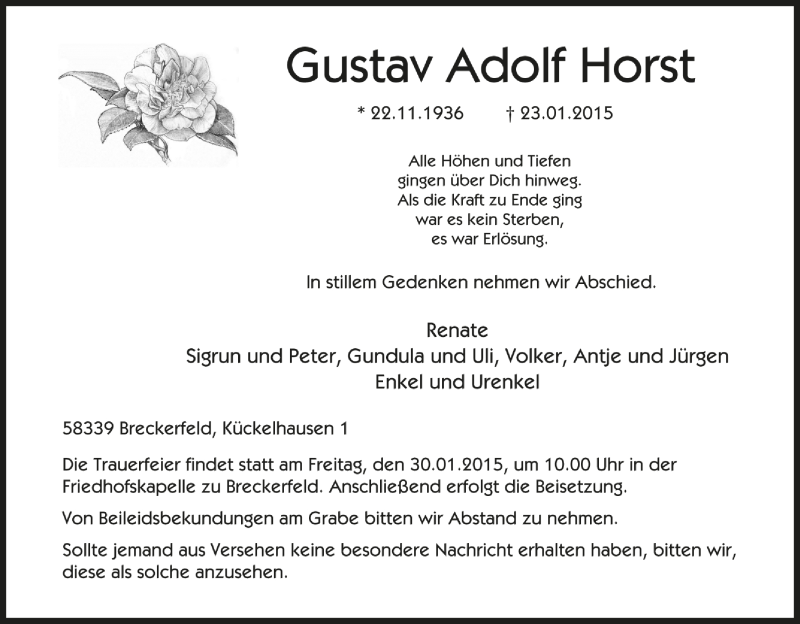  Traueranzeige für Gustav Adolf Horst vom 28.01.2015 aus Tageszeitung