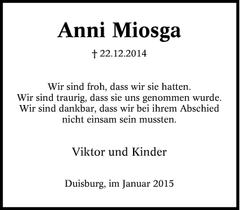 Traueranzeige von Anni Miosga von Tageszeitung