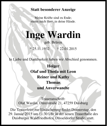 Traueranzeige von Inge Wardin von Tageszeitung
