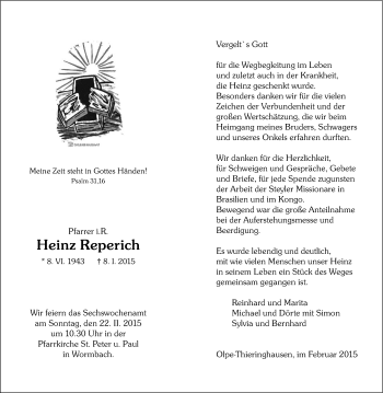 Traueranzeige von Heinz Reperich von Tageszeitung