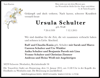 Traueranzeige von Ursula Schulter von Tageszeitung