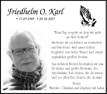 Traueranzeige von Friedhelm O. Karl von Tageszeitung