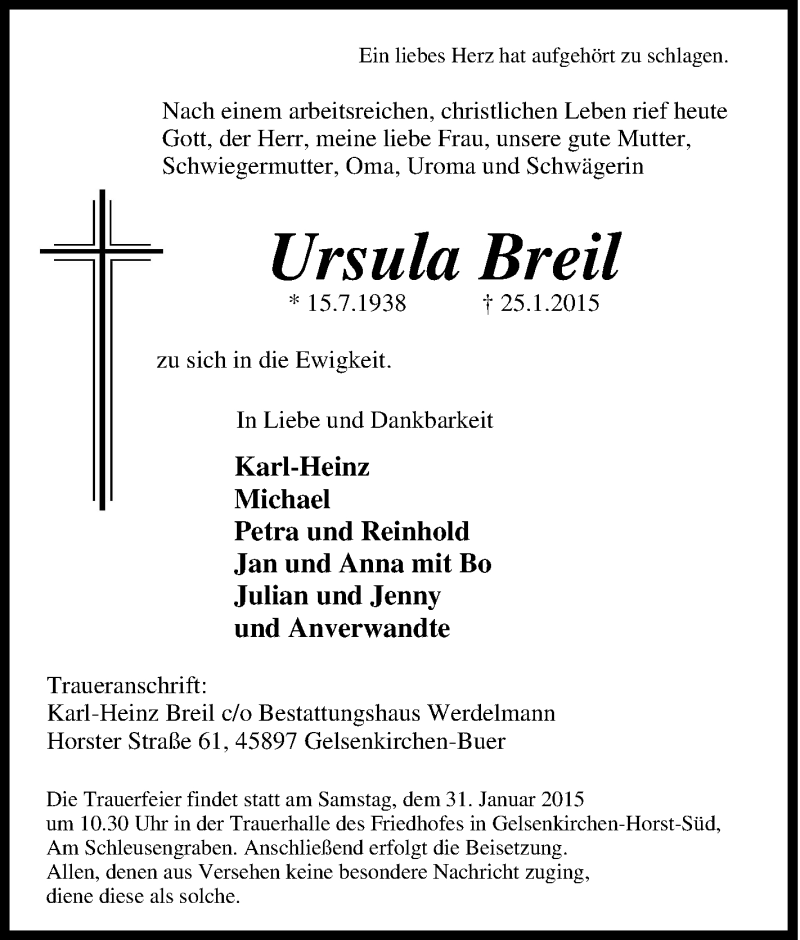 Traueranzeigen von Ursula Breil Trauer in NRW.de