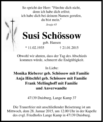 Traueranzeige von Susi Schössow von Tageszeitung