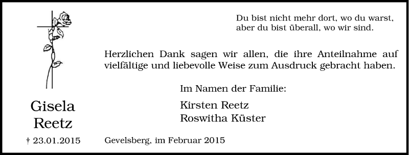  Traueranzeige für Gisela Reetz vom 27.01.2015 aus Tageszeitung