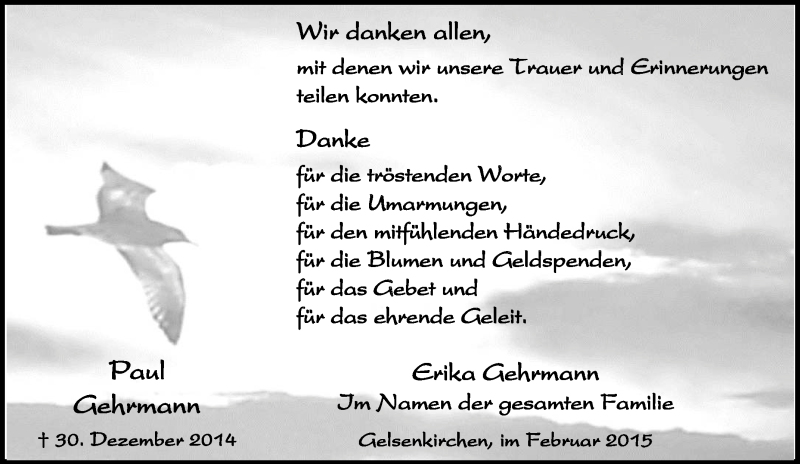  Traueranzeige für Paul Gehrmann vom 03.01.2015 aus Tageszeitung