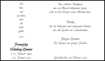 Traueranzeige von Franziska Helmling-Zimmer von Tageszeitung