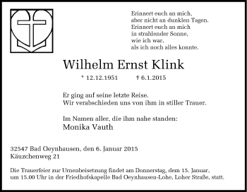 Traueranzeige von Wilhelm Ernst Klink von Tageszeitung
