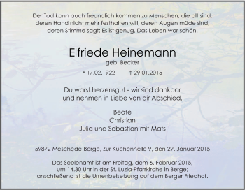 Traueranzeige von Elfriede Heinemann von Tageszeitung