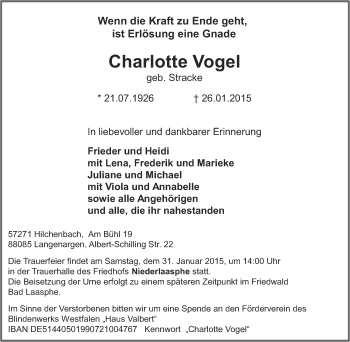 Traueranzeige von Charlotte Vogel von Tageszeitung