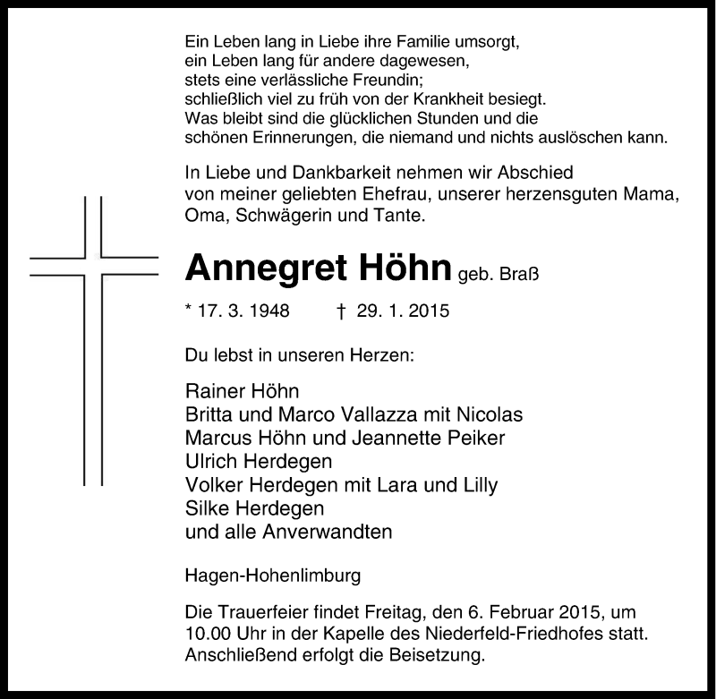  Traueranzeige für Annegret Höhn vom 31.01.2015 aus Tageszeitung