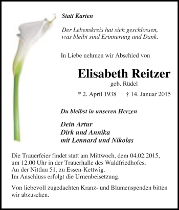 Traueranzeige von Elisabeth Reitzer von Tageszeitung
