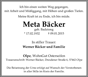 Traueranzeige von Meta Bäcker von Tageszeitung