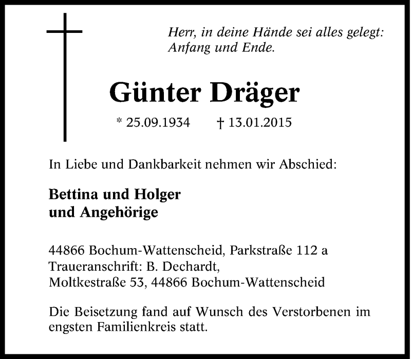  Traueranzeige für Günter Dräger vom 24.01.2015 aus Tageszeitung