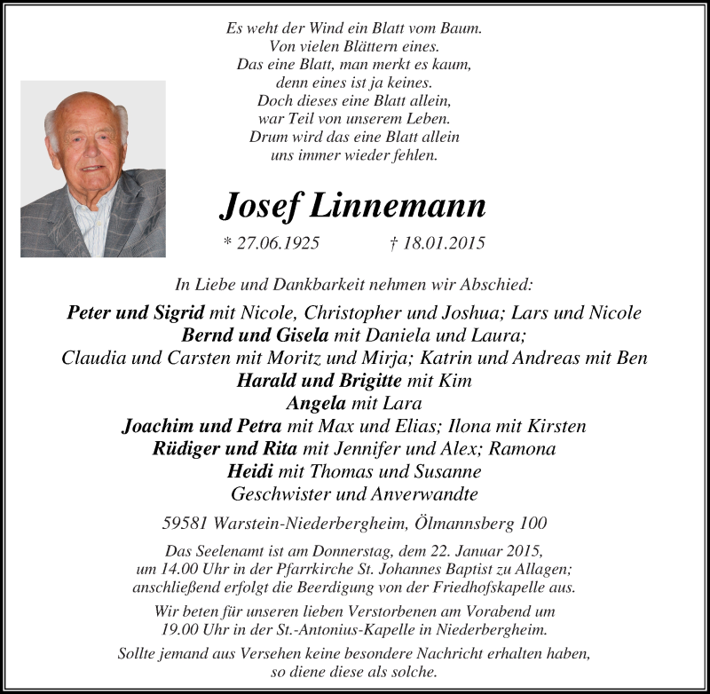  Traueranzeige für Josef Linnemann vom 20.01.2015 aus Tageszeitung