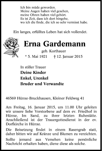 Traueranzeige von Erna Gardemann von Tageszeitung