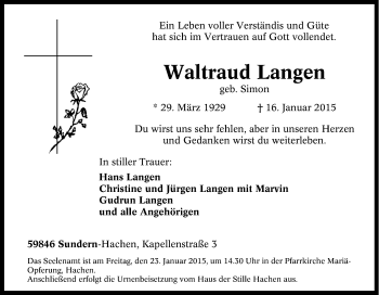 Traueranzeige von Waltraud Langen von Tageszeitung
