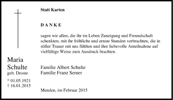 Traueranzeige von Maria Schulte von Tageszeitung