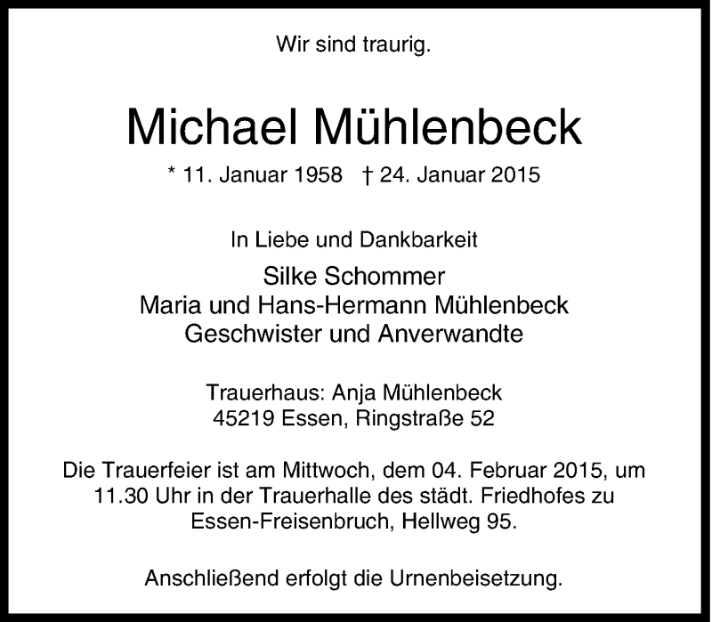  Traueranzeige für Michael Mühlenbeck vom 31.01.2015 aus Tageszeitung