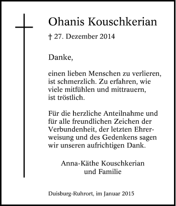 Traueranzeige von Ohanis Kouschkerian von Tageszeitung