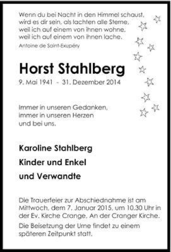 Traueranzeige von Horst Stahlberg von Tageszeitung