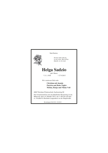 Traueranzeige von Helga Sadzio von FUNKE Dialog GmbH
