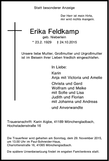 Traueranzeige von Erika Feldkamp von Tageszeitung