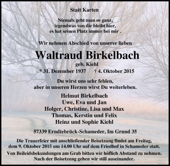 Traueranzeige von Waltraud Birkelbach von Tageszeitung