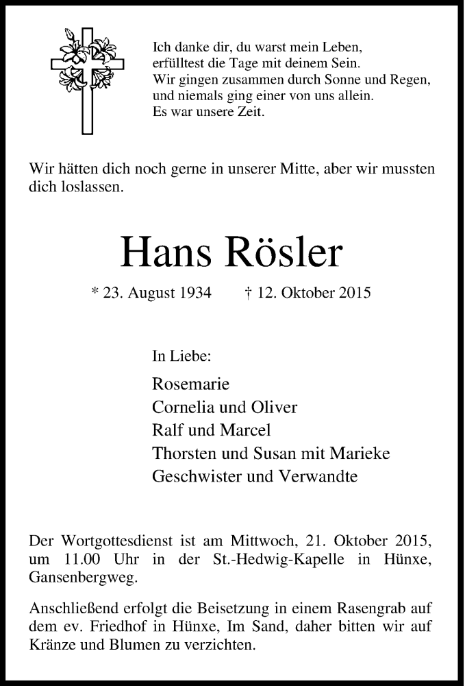  Traueranzeige für Hans Rösler vom 16.10.2015 aus Tageszeitung
