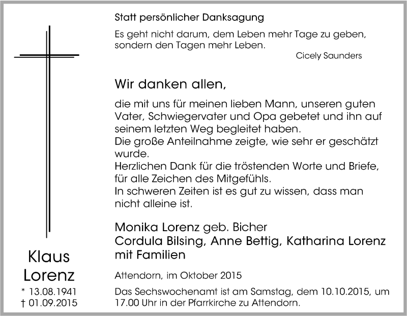  Traueranzeige für Klaus Lorenz vom 03.10.2015 aus Tageszeitung