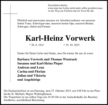 Traueranzeige von Karl-Heinz Vorwerk von Tageszeitung