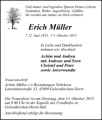 Traueranzeige von Erich Müller von Tageszeitung